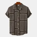 Detailed view of vintage geometric floral print short-sleeve men's button-up shirt - M / Tops / Dark Brown Base Grid Floral Style (C156)