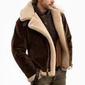 Premium vintage men's brown suede shearling jacket featuring thick warm faux fur lapel - S / Tops / Dark Brown