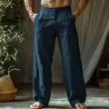 Detail view of men's breathable dark blue linen straight-leg summer beach pants - Navy Blue