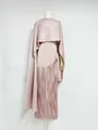Detail view of elegant pink acetate satin tassel dress with matching cape shrug set - S / Top And Bottom / Pink