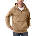 Detail of a men's heavy khaki half-zip hoodie with a front kangaroo pocket and drawstring. - Khaki