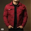 Front view of men's slim fit red denim jacket showing fabric texture and pockets - S / Tops / Burgundy