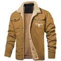 Men's rugged brown winter work jacket with warm fleece lining and longhorn chest graphic - S / Tops / Coffee