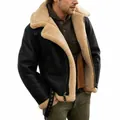 Detailed view of men's vintage black leather jacket with warm cream shearling lining and lapel - S / Tops / Black