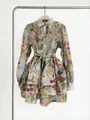 Close-up detail of French romantic floral print dress with belted waist design - S / Top And Bottom / Multi-color 1