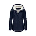 Detailed view of women's navy blue winter parka featuring a cozy white fleece lining - S / Tops / Navy Blue