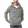 Close-up detail of men's heavyweight gray half-zip hoodie featuring a front kangaroo pocket - S / Tops / Gray