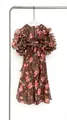 Robe fleurie vintage française élégante avec manches à volants et lien à la taille - S / Haut Et Bas / Floral Brun Chocolat