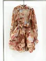 Elegant French romantic floral print dress with tiered skirt and waist tie detail view. - S / Top And Bottom / Multi-color 2