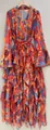 Close-up of the ruffled layers and rhinestone details on this floral printed dress. - S / Top And Bottom / Koi Color