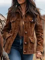 Women's vintage brown suede multi-pocket button-up jacket with lapel - S / Tops / Brown