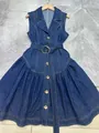 Vintage sleeveless denim dress featuring a shirt collar and cinched waist belt detail - S / Short Style (Bottom) / Blue