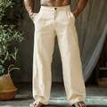 Detail of men's beige linen straight-leg beach trousers with button closure and pockets - Khaki