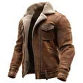 Vintage brown suede jacket for men with faux shearling lining and classic lapel collar - S / Tops / Brown