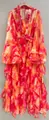 Detail of vibrant floral maxi dress featuring rhinestone-embellished V-neck and ruffles - S / Top And Bottom / Red