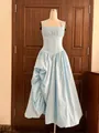 Elegant light blue halter dress with fishbone corset waist and irregular pleated skirt. - S / Tops / Blue