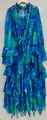 Detail view of a blue and green tie-dye long dress with double rhinestone ruffles and belt. - Dark Blue