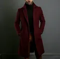 Front view of a burgundy mid-length wool coat for men in a professional studio. - S / Tops / Burgundy
