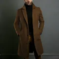 Close-up of a men's brown wool coat featuring elegant lapels and a slim fit design - S / Tops / Tan