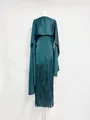 Detailed view of elegant teal acetate fringe maxi dress with a matching short capelet - S / Top And Bottom / Dark Green