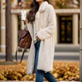 Fashionable cream teddy coat with lapel collar shown in a cozy autumn outdoor street scene - S / Tops / Apricot