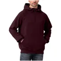Detail view of a men's heavy burgundy semi-zip hoodie showcasing the fit and kangaroo pocket. - S / Tops / Burgundy