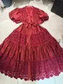 Close-up of wine red lace hollow-out embroidery on a French palace style maxi dress - S / Red