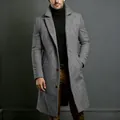 Classic gray long woolen coat for men with a refined texture and notched lapel. - S / Tops / Smoke