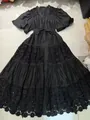 French style black lace patchwork dress with hollow out embroidery and belted waist - S / Black