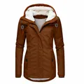 Detail of women's brown mid-length parka jacket featuring a soft white sherpa fleece lining - S / Top (Buckle Style) / Brown