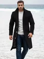 Elegant men's mid-length black wool overcoat shown in a stylish outdoor beach setting - S / Tops / Black