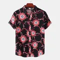 Men's slim fit short-sleeved shirt featuring a vibrant red sunburst and geometric pattern - M / Tops / Black Base Red White Radiant Pattern Style (C154)