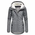 Close-up of a women's gray mid-length hooded jacket with warm fleece lining - S / Tops / Clasp Type / Gray