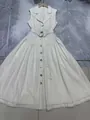Sleeveless off-white denim midi dress with shirt collar, belted waist, and buttons - S / Long Style (Bottom) / White