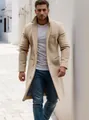 Detailed view of a men's beige mid-length wool coat with a classic notched lapel - S / Tops / Khaki