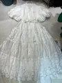 Full view flat lay of elegant French white lace embroidered maxi dress with puff sleeves - S / White
