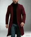 Detailed view of a premium men's burgundy mid-length wool coat for winter warmth. - S / Tops / Burgundy