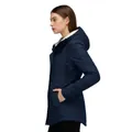 Side profile view of a navy blue women's mid-length parka with white fleece lining. - S / Tops / Navy Blue
