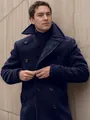 Close-up of stylish navy blue double-breasted wool pea coat with large buttons - S / Tops / Navy Blue