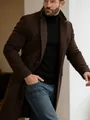 Detailed view of a brown mid-length wool overcoat for men with a classic notched lapel - S / Tops / Dark Coffee