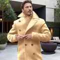 Men's tan British style mid-length wool coat with elegant double-breasted buttons for winter - S / Tops / Khaki