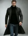 Full body view of a stylish man wearing a dark grey textured wool overcoat with jeans - S / Tops / Dark Gray
