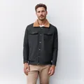 Men's dark grey cotton canvas work jacket featuring a warm khaki sherpa fleece collar - S / Tops / Dark Gray