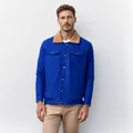 Men's royal blue casual workwear jacket featuring a cozy tan sherpa collar and warm fleece lining - S / Tops / Dark Blue