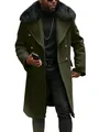 Primo piano del cappotto di lana verde oliva da uomo con collo in pelliccia e bottoni dorati - Verde militare