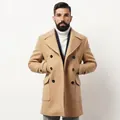 Cappotto di lana da uomo stile britannico, doppiopetto, media lunghezza, cammello - Taglia S / Top / Kaki