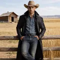 Lange schwarze PU-Lederjacke für Herren im Western-Stil mit Anzugkragen und Knielänge - S / Oberteile / Schwarz