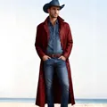 Langer roter PU-Leder-Trenchcoat für Herren im Western-Stil mit Anzugkragen und Cowboyhut - S / Oberteile / Burgunderrot