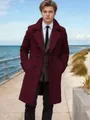 Classic burgundy mid-length wool overcoat for men in an elegant seaside setting - S / Tops / Burgundy