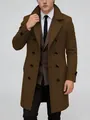 Detail view of a men's brown double-breasted mid-length wool blend coat on a model - S / Tops / N2 Light Brown